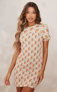 PrettyLittleThing Коричневое облегающее платье с присборенными рукавами и пышными рукавами с цветочным принтом