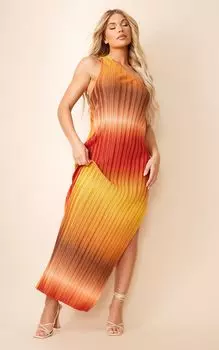 PrettyLittleThing Коричневое платье макси на одно плечо с плиссировкой и омбре