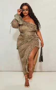 PrettyLittleThing Коричневое платье-миди на одно плечо с леопардовым принтом и рюшами