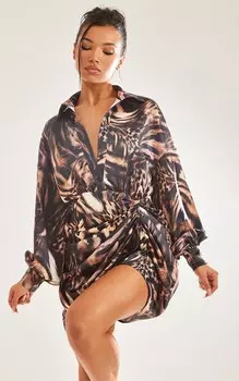 PrettyLittleThing Коричневое платье-рубашка с объемными рукавами и атласной драпированной юбкой с животным принтом