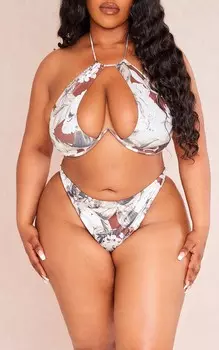 PrettyLittleThing Коричневые плавки бикини с принтом в виде листьев Plus