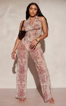 PrettyLittleThing Коричневые широкие брюки в сетку с принтом Shape Renaissance