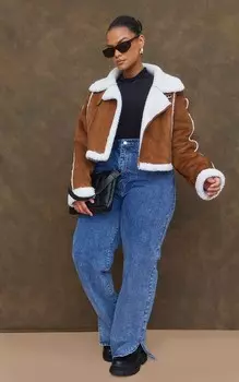 PrettyLittleThing Коричневые суперукороченные авиаторы из искусственной замши на подкладке из борга