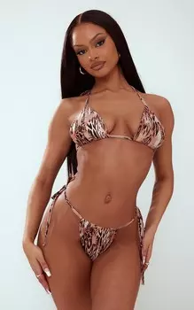 PrettyLittleThing Коричневый бикини-топ с треугольными чашками и абстрактным леопардовым принтом