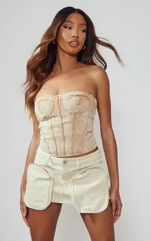 PrettyLittleThing Коричневый джинсовый корсетный топ с чашечками стираного цвета