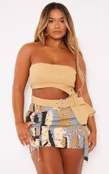 PrettyLittleThing Коричневый джинсовый топ с вырезом и пряжкой Shape