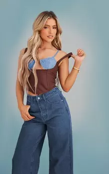 PrettyLittleThing Коричневый льняной корсетный топ на косточке с цветными блоками и чашками