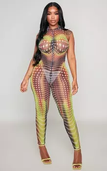 PrettyLittleThing Коричневый сетчатый комбинезон с капюшоном и принтом в форме тела