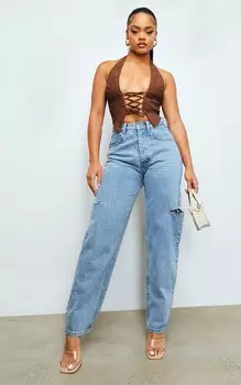 PrettyLittleThing Коричневый топ из выстиранной искусственной кожи на шнуровке с глубоким вырезом и воротником-халтер