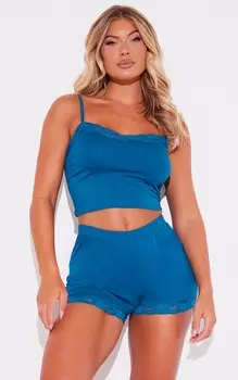 PrettyLittleThing Короткая пижама из джерси стального синего цвета с кружевной отделкой