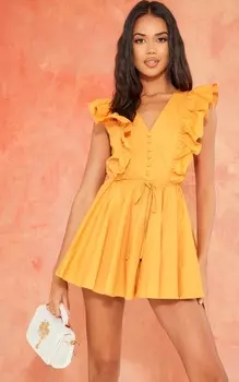 PrettyLittleThing Короткий комбинезон из мандаринового поплина с расклешенными пуговицами