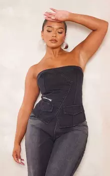PrettyLittleThing Корсет-бандо из черного денима с молнией и потертой формой