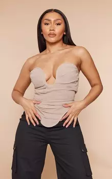PrettyLittleThing Корсет Shape Taupe с текстурой и глубоким вырезом и рюшами