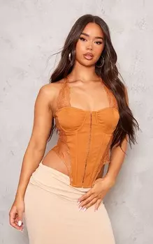 PrettyLittleThing Корсет-топ-бандо из тканого кружева светло-коричневого цвета с крючками и проушинами на косточках