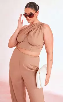 PrettyLittleThing Корсетный топ на одно плечо Plus Mocha