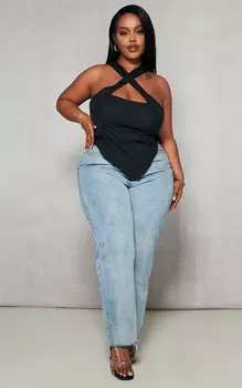 PrettyLittleThing Корсетный топ Plus черного цвета с перекрестным швом спереди