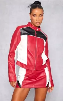 PrettyLittleThing Красная моторная куртка из искусственной кожи с контрастной вставкой