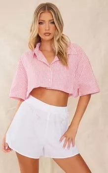 PrettyLittleThing Красная рубашка с коротким рукавом в фактурную полоску
