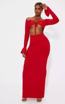 PrettyLittleThing Красное облегающее платье макси с длинными рукавами и вырезами
