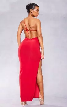 PrettyLittleThing Красное платье макси с асимметричным вырезом и глубоким разрезом на спине
