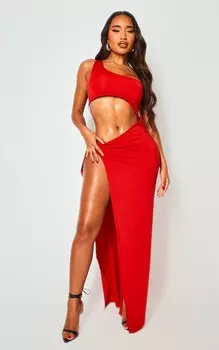 PrettyLittleThing Красное платье макси с асимметричными деталями и разрезом из мягкого прикосновения