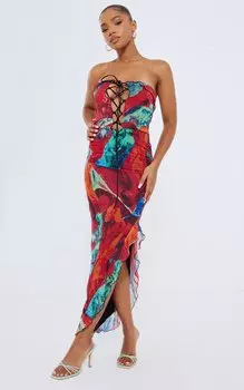 PrettyLittleThing Красное платье мидакси с абстрактным принтом и асимметричным вырезом на шнуровке и рюшами