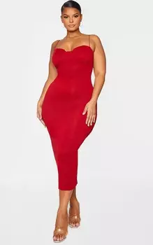 PrettyLittleThing Красное платье миди Plus с жатой отделкой чашками в рубчик