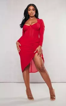 PrettyLittleThing Красное платье миди с длинными рукавами и рюшами в форме корсета