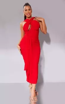 PrettyLittleThing Красное сетчатое платье мидакси с запахом и завязками