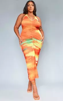 PrettyLittleThing Красное сетчатое платье-миди с воротником-халтер и воротником-стойкой Plus