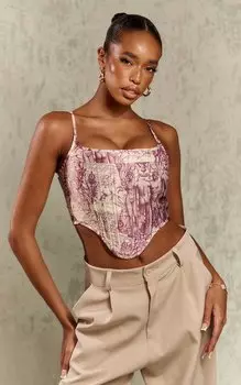 PrettyLittleThing Красный атласный корсет с косточками и подолом с принтом "Ренессанс"