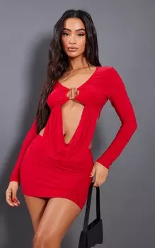 PrettyLittleThing Красный обтягивающий укороченный топ с длинными рукавами и драпировкой Petite