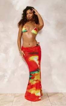 PrettyLittleThing Красный - Сетчатая длинная юбка с принтом "рыбий хвост" и принтом "Омбре"