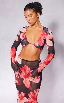 PrettyLittleThing Красный укороченный топ из сетки с длинными рукавами и цветочным принтом