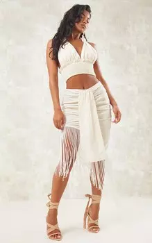 PrettyLittleThing Кремовая асимметричная юбка Linen Feel с бахромой