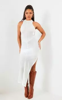 PrettyLittleThing Кремовое платье мидакси с диагональным ребристым вырезом на спине