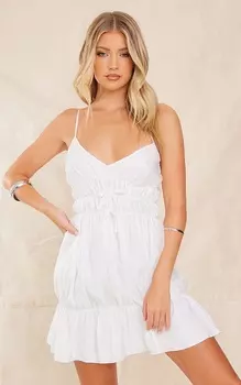 PrettyLittleThing Кремовое платье прямого кроя с блестящими эластичными оборками и бретелями