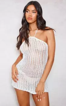 PrettyLittleThing Кремовое платье с воротником-стойкой и бретельками крючком