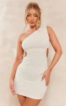PrettyLittleThing Кремовое текстурированное облегающее платье на одно плечо со рюшами и боковым вырезом