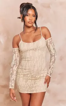 PrettyLittleThing Кремовое текстурированное облегающее платье с вырезами и длинными рукавами