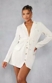 PrettyLittleThing Кремовое текстурированное платье-блейзер с глубоким кольцом и узлом