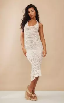 PrettyLittleThing Кремовое текстурированное платье мидакси с прозрачным вырезом и воротником-хомутом