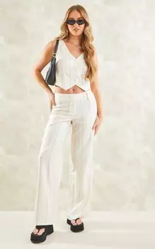 PrettyLittleThing Кремовые широкие брюки из тканой ткани в тонкую полоску со средней посадкой