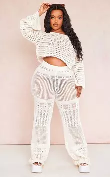 PrettyLittleThing Кремовые трикотажные брюки прямого кроя Plus