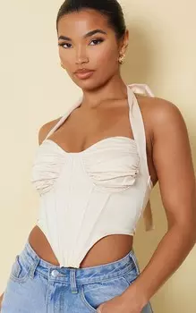 PrettyLittleThing Кремовый атласный корсет с бретельками для бюста и рюшами
