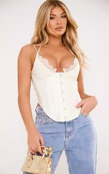 PrettyLittleThing Кремовый атласный корсет с кружевной чашкой и крючками для глаз