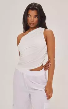 PrettyLittleThing Кремовый длинный топ из мягкого хлопка со сборками по бокам на одно плечо