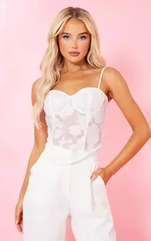 PrettyLittleThing Кремовый длинный топ с текстурой и цветочным принтом на шнуровке сзади