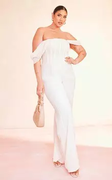 PrettyLittleThing Кремовый комбинезон с сетчатым корсетом Dobby Plus