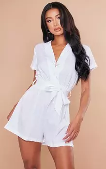 PrettyLittleThing Кремовый льняной комбинезон на пуговицах с завязкой на талии